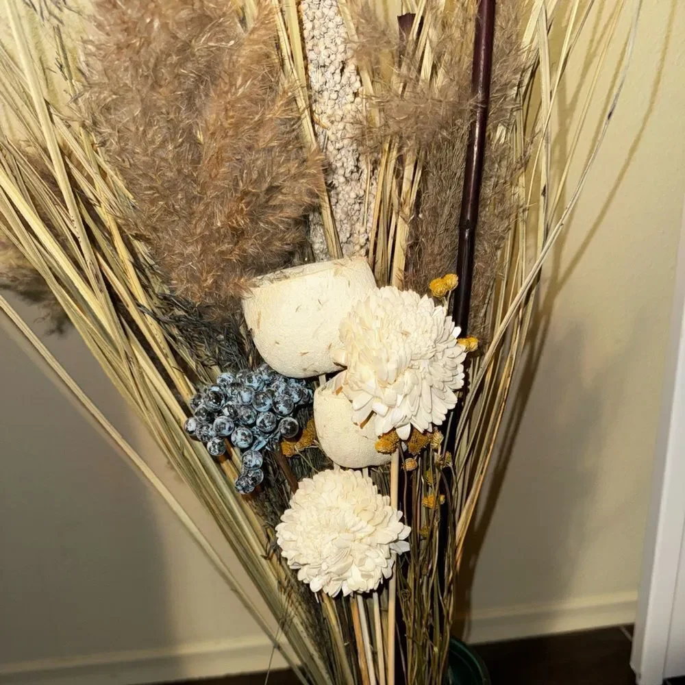 Stunning Dried Floral Arrangement in Blue- Green Glass Vase handmade in Spain